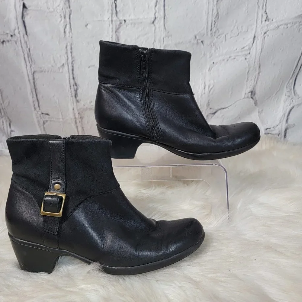 CLARKS Womens 9 Ingalls Dover‎ Leather Black Heeled Booties Comfort Ankle Boots